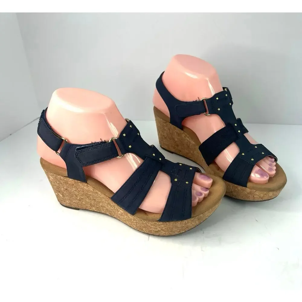 Clarks Annadel Wedge Sandals Women‎ 6.5 Blue Excellent Suede Cork Platform